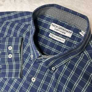 Nick Graham Everywhere Blue Plaid Stretch Modern Fit Long Sleeve Mens 2XL - Flaw